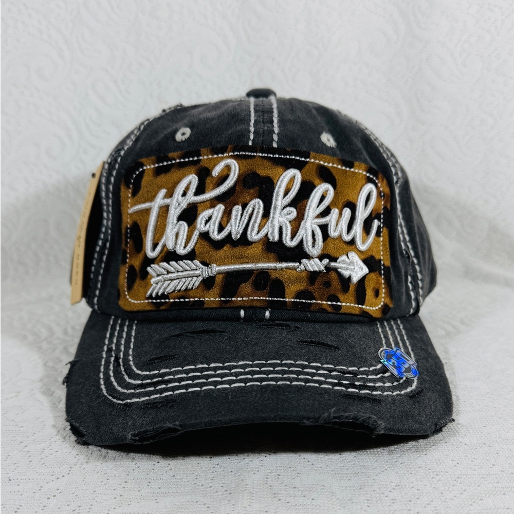 New With Tag Black ‘Thankful’ Baseball Hat Animal Print Patch.